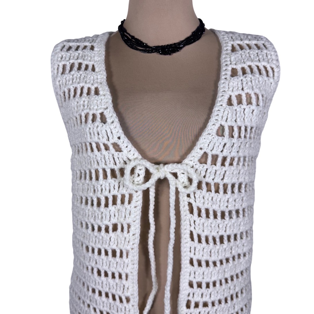 Vintage Hand Crocheted Cream Vest Tie Front Boho Regencycore Hippie Open Knit